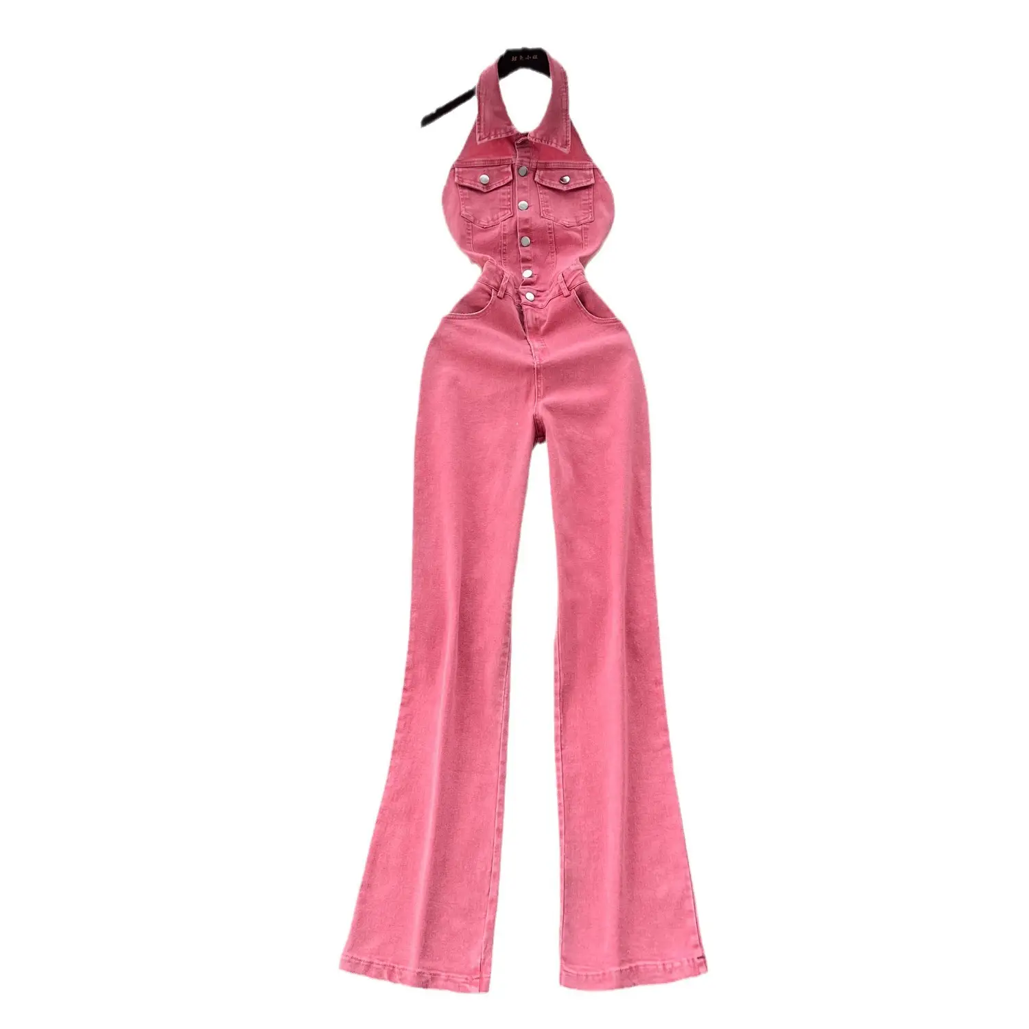 Single-breasted High Waist Slimming Slim Fit Backless Denim Jumpsuit