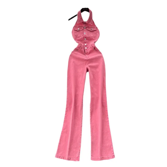 Single breasted High Waist Slimming Slim Fit Backless Denim Jumpsuit Pink - Shop at LoveMi