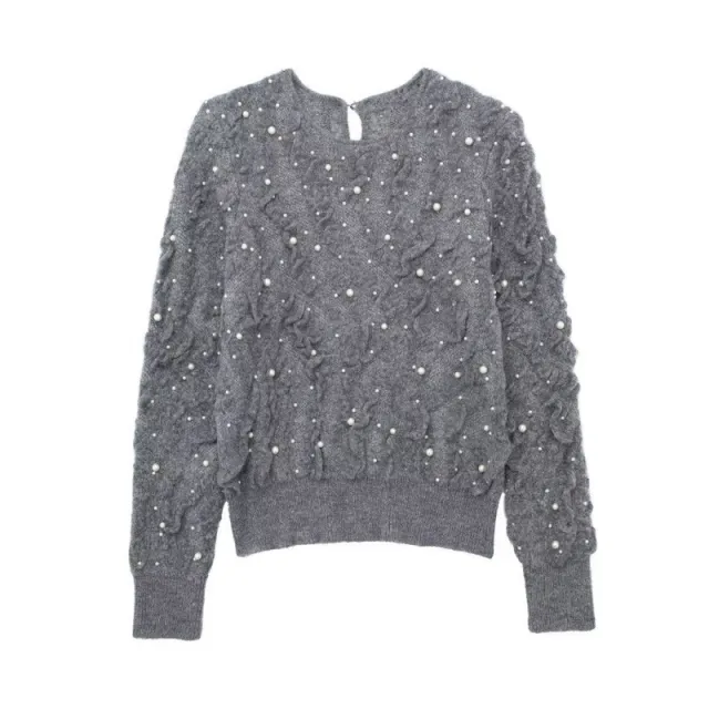 Pullover Round Neck Long Sleeves Artificial Decorated Pearls Texture Knitted Top - Shop at LoveMi