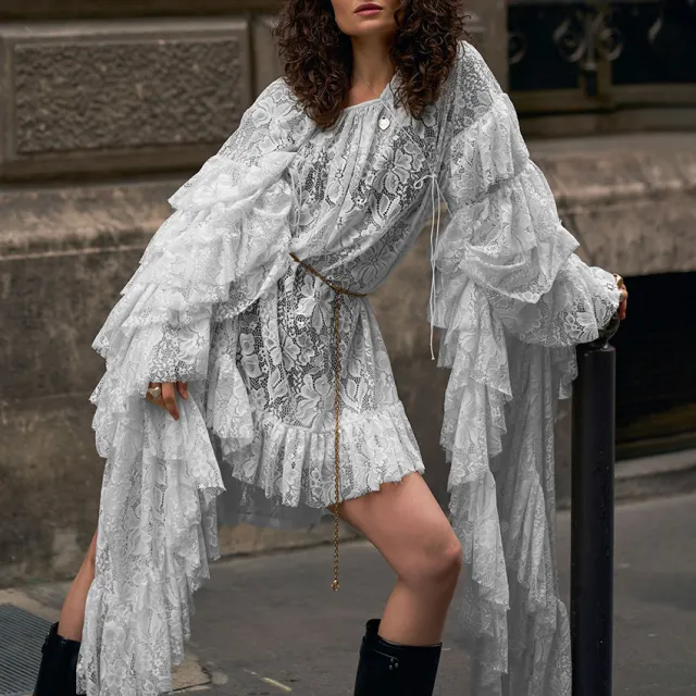New Autumnwinter Lace Sheer Ruffled Long sleeve Cropped Dress White - Shop at LoveMi