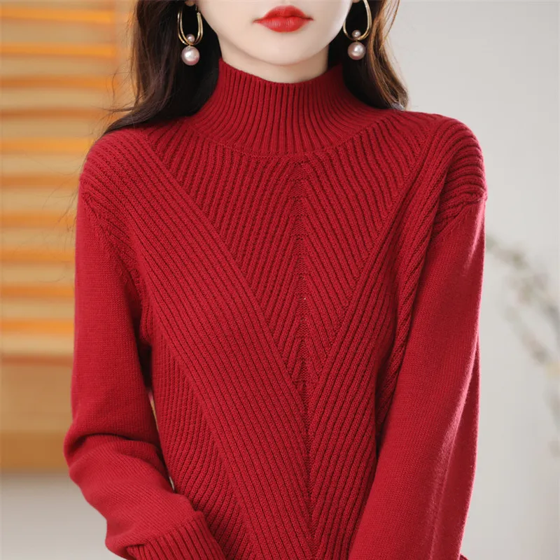 Women's Thickened Half-high Collar Cotton Long-sleeved Bottoming Sweater - French Red