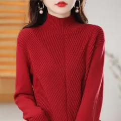 Women's Thickened Half-high Collar Cotton Long-sleeved Bottoming Sweater - French Red - View 1