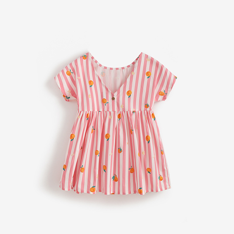 Girls Cotton Round-Neck Dress with Cartoon Print