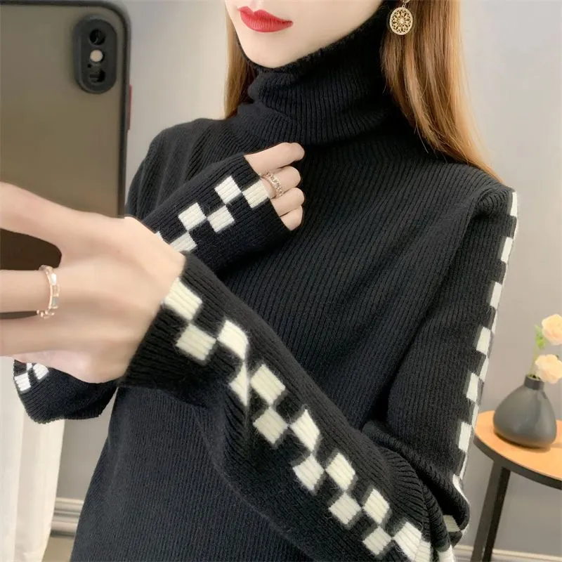 Women's Turtleneck Chessboard Plaid Bottoming Shirt - Black