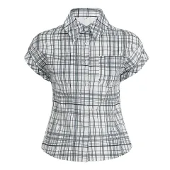 British Style Wooden Ear V-neck Plaid Shirt Elegant Waist Button Puff Sleeve Top - Black - View 1