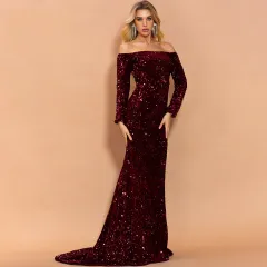 Sexy Strapless Long Sleeve Sequins Party Evening Dress - Wine Red - View 1
