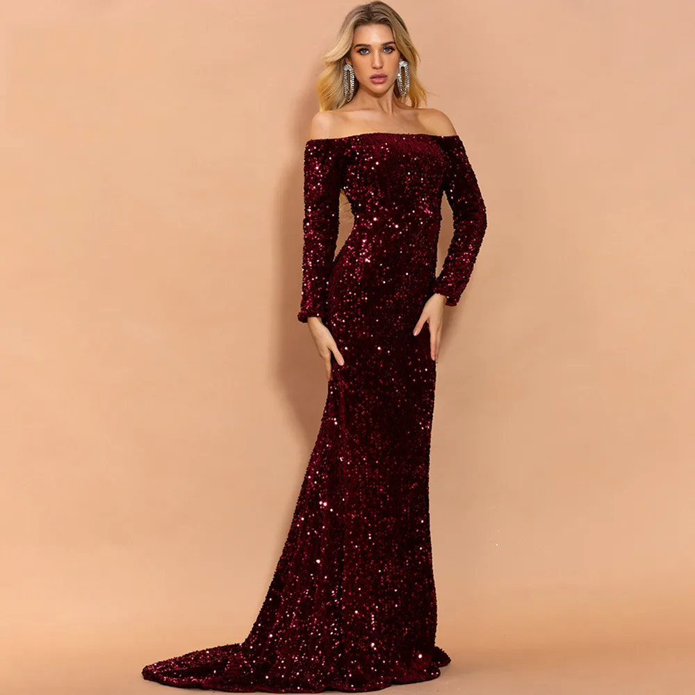 Sexy Strapless Long Sleeve Sequins Party Evening Dress - Wine