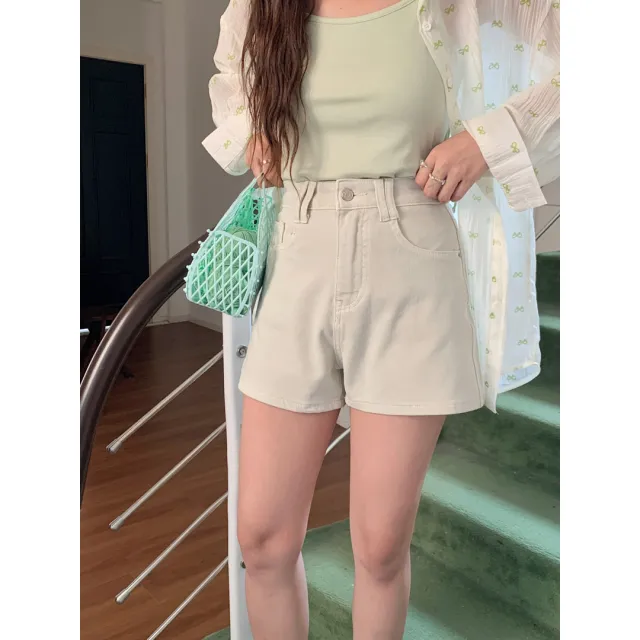 Women's Four Sided Elastic Light Colored High Waisted Denim Shorts Red - Shop at LoveMi