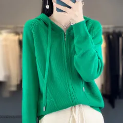 Hoodie Knitted Zipper Thickening Coat - Emerald-L - View 1