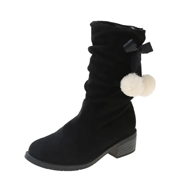 Cross border European And American Large Size Thick Heel Round Toe Mid calf Retro Smoke Pipe Boots For Women Black - Shop at LoveMi