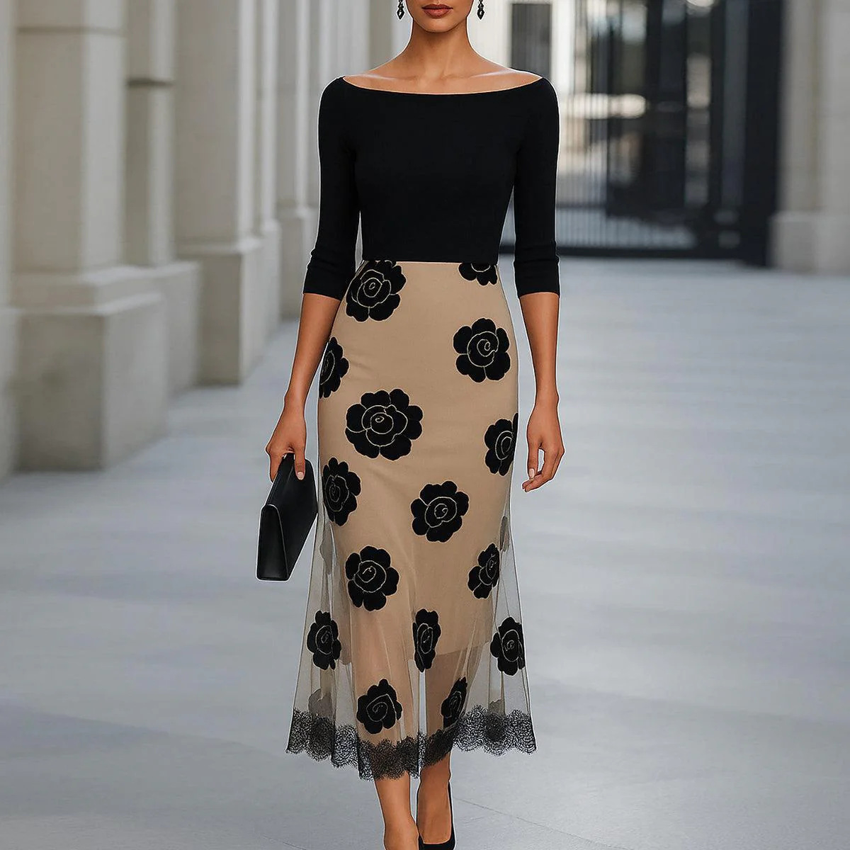 Boat-neckline Contrast-color Floral Lace Maxi Dress