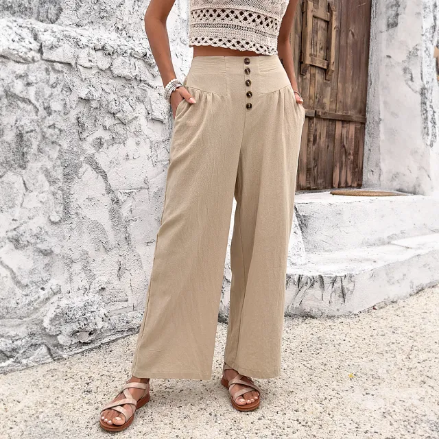 Women's Fashion Casual Solid Color Loose Trousers Apricot - Shop at LoveMi