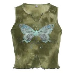 Butterfly Print Contrast Colour Small U-neck Short Vest - Green - View 1