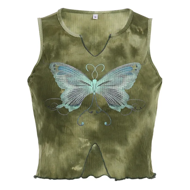 Butterfly Print Contrast Color Small U neck Short Vest Green - Shop at LoveMi