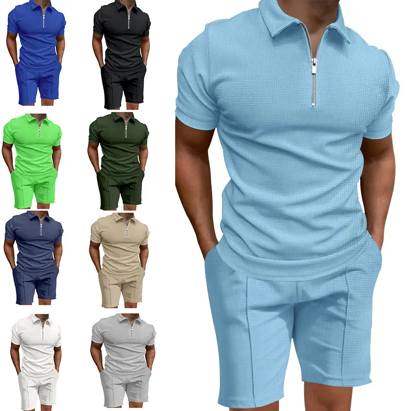 Solid-Color Waffle-Weave Short-Sleeve Slim-Fit Lapel T-Shirt Casual