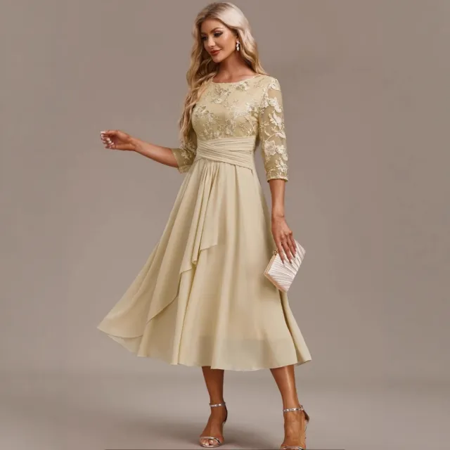 Round neck Cross border Spliced Elegant Lace Dress Beige - Shop at LoveMi