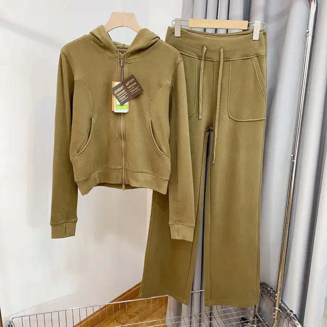 Wool Thermal Hooded Sweatshirt Wide leg Pants Suit Picklesgreen Casual Pants - Shop at LoveMi