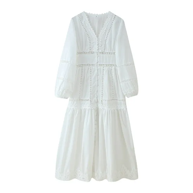 Design Sense Hollow Out V neck Lace Trim Long Sleeve Loose Dress White - Shop at LoveMi