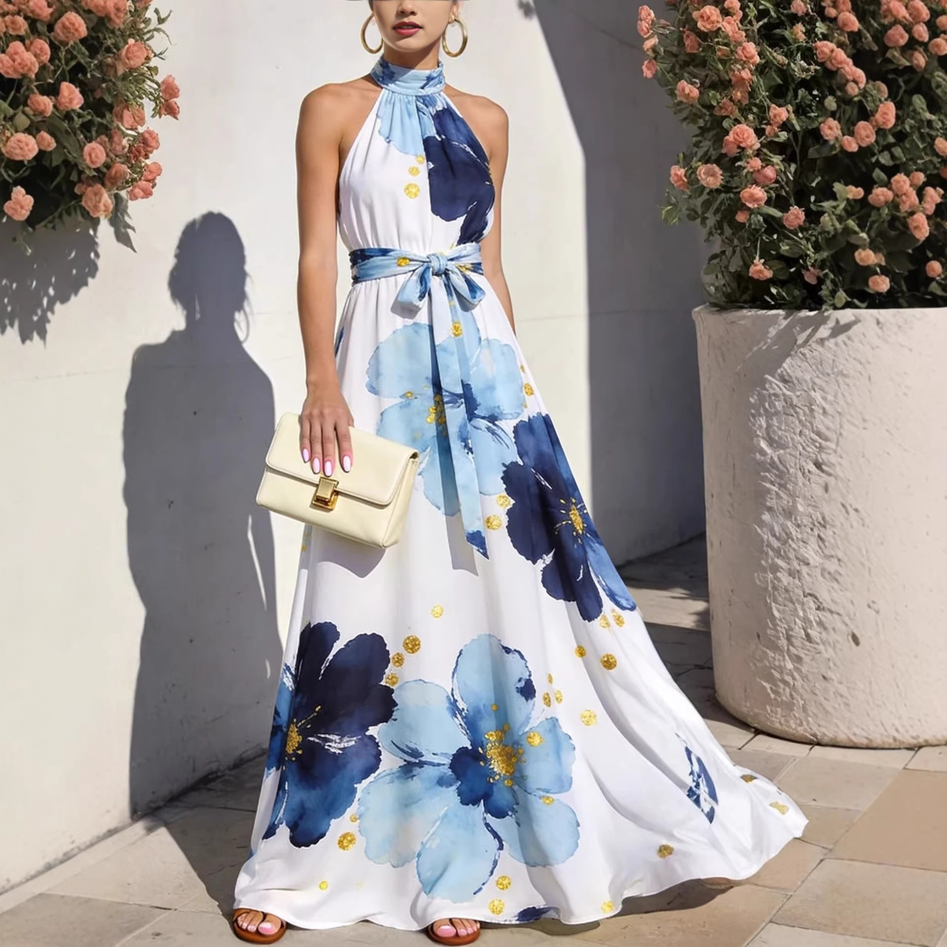 Resort-style Floral High-neck Lace-up Sleeveless Maxi Dress