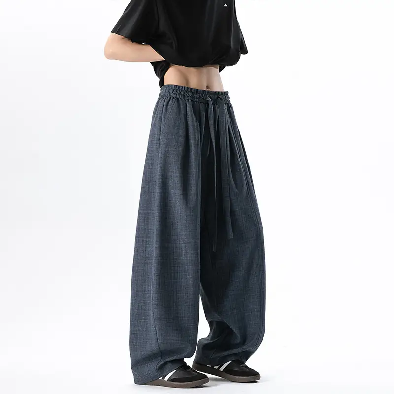 Chinese Style Linen Look Cropped Pants Loose Fit With Wide Legs