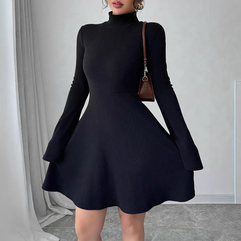 Elegant And Simple Temperament Wild Slim-fit Turtleneck Long Sleeve Dress - Black