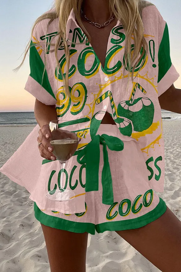 Women's Fashion Printed Casual Vacation Style Cardigan Shorts Suit Color05 - Shop at LoveMi
