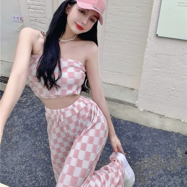 Short Tube Top Plaid Pleated Wide leg Pants Two piece Set Pink - Shop at LoveMi