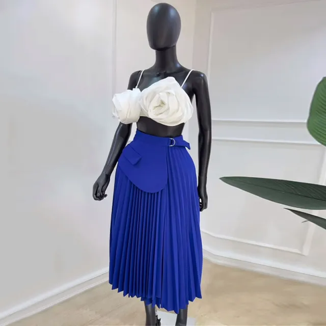 High Waist Irregular Lace Up Pleated Skirt Blue - Shop at LoveMi