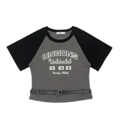 Women's Short-sleeved Lace-up Design Short T-shirt - Grey - View 1