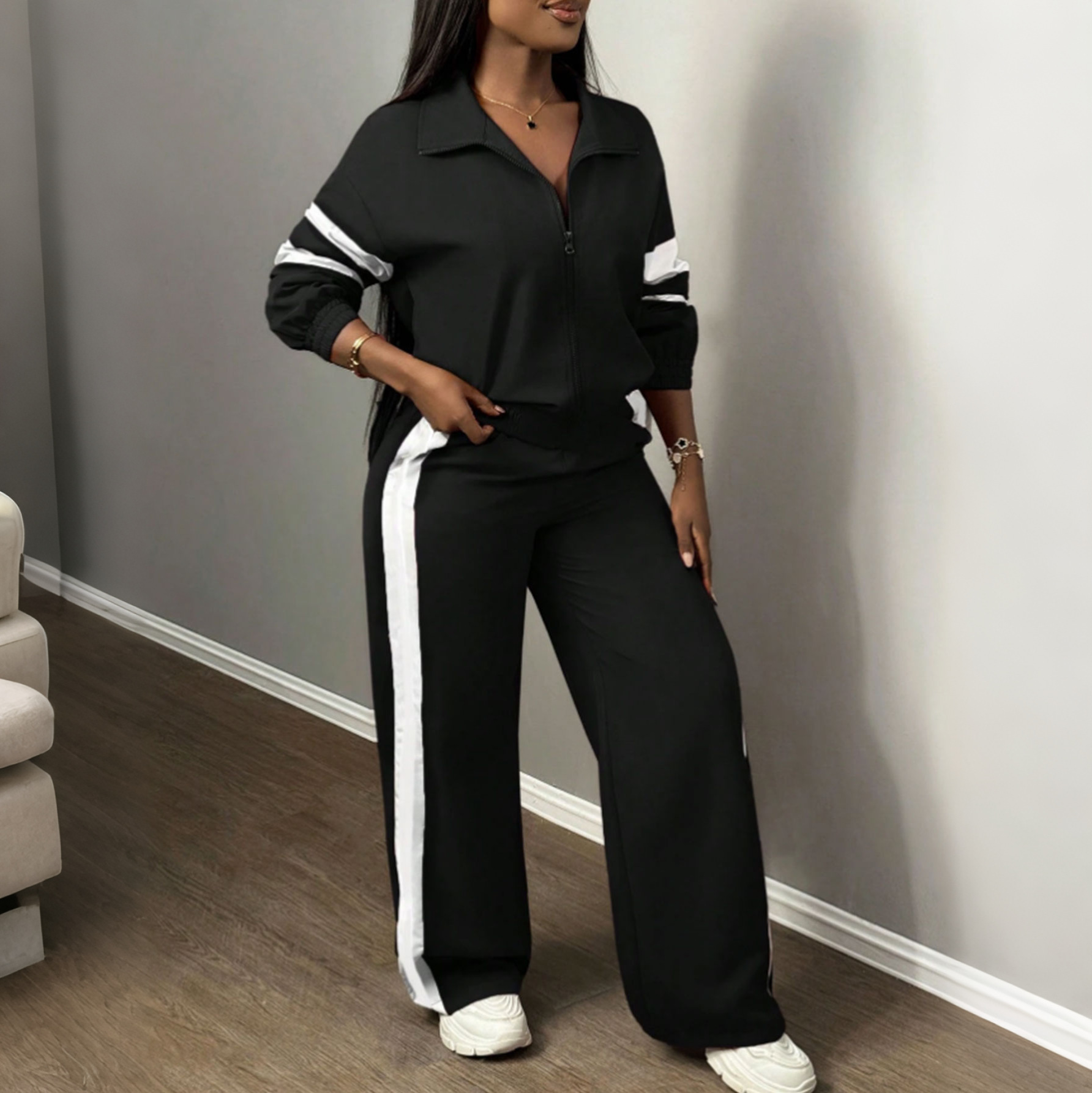 Color-block Sportswear Set Casual Relaxed-fit Hoodie And Wide-leg Pantstwo-piece Set product image