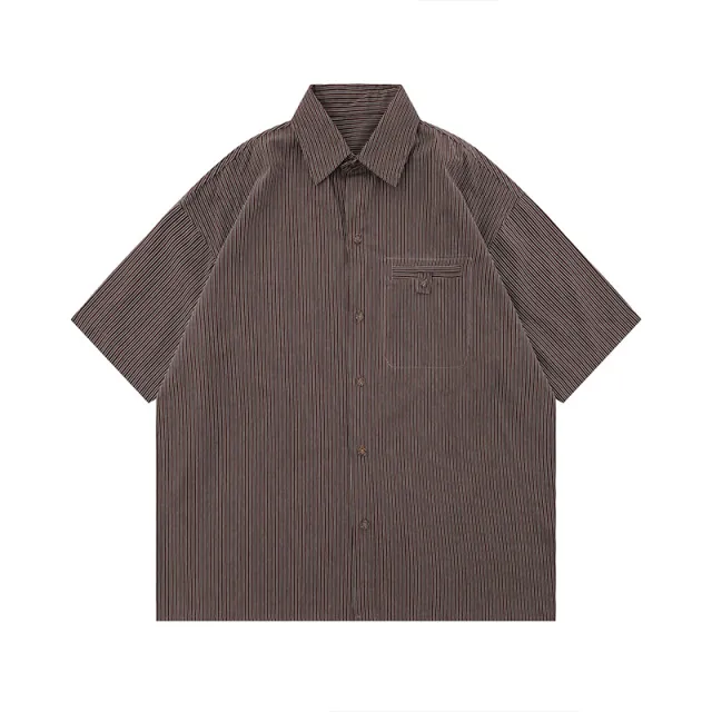 Japanese style Retro Striped Short Sleeve Shirt Couple Shirt Brown - Shop at LoveMi