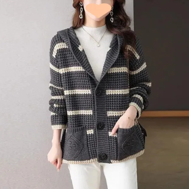 Retro Striped Hooded Cropped Sweater Coat Dark Gray - Shop at LoveMi
