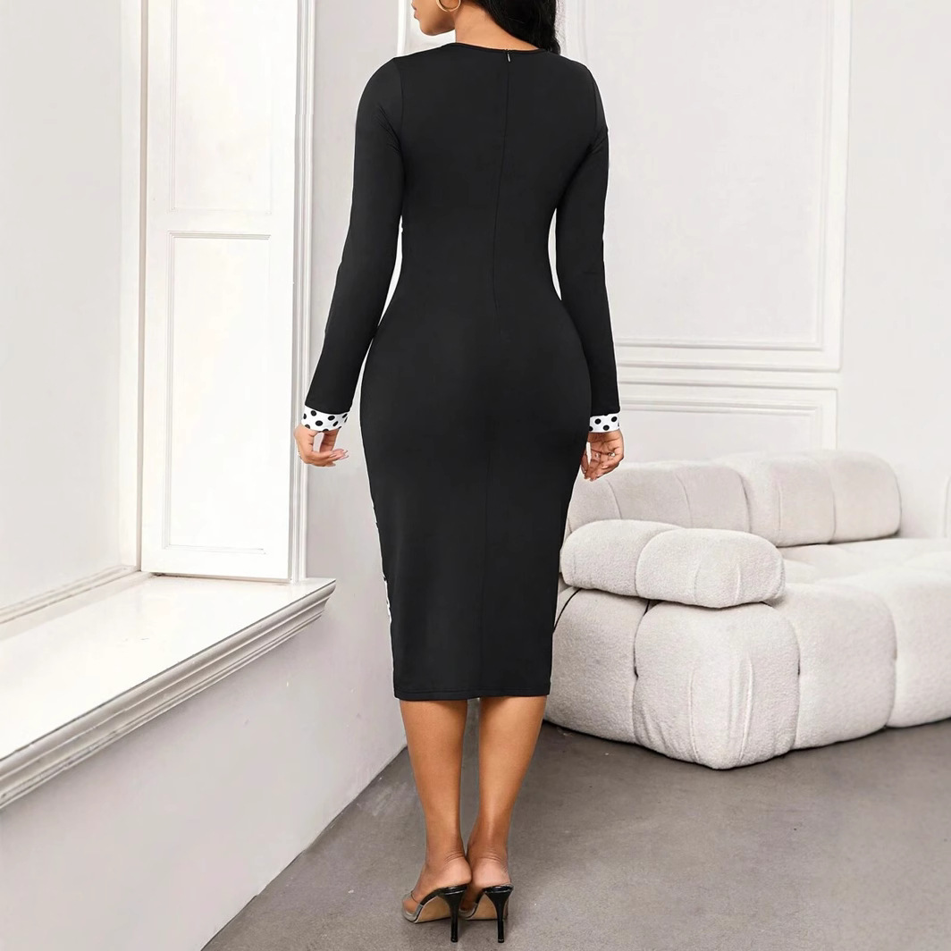 Round Neck Collar Button Long Sleeve Narrow Irregular Polka Dot Print Dress