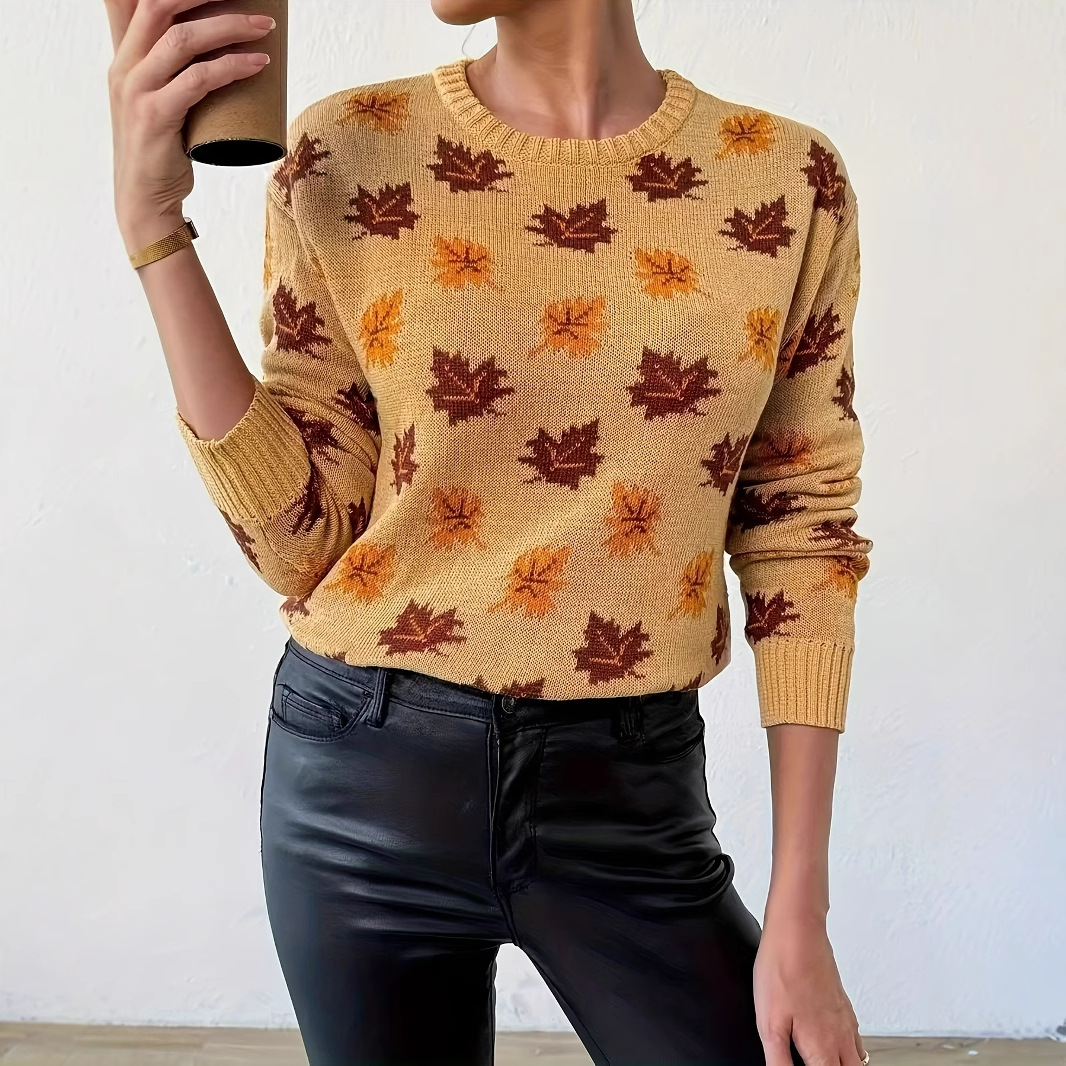 Maple Leaf Round Neck Loose Woolen Pullover Top