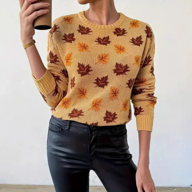 Maple Leaf Round Neck Loose Woolen Pullover Top Yellow - Shop at LoveMi