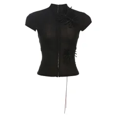 Pure Desire Backless Drawstring Design Short Top Short-sleeved T-shirt - Black - View 1