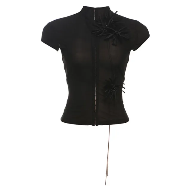 Pure Desire Backless Drawstring Design Short Top Short sleeved T shirt Black - Shop at LoveMi