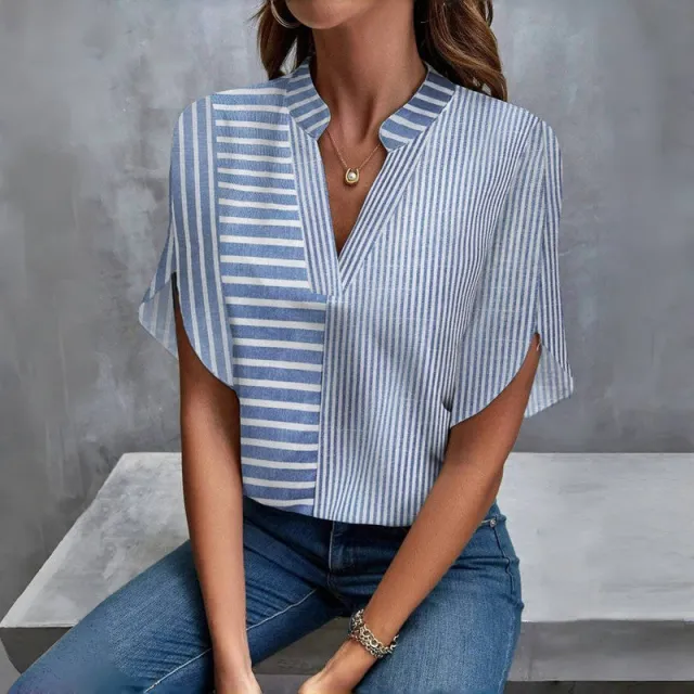 Summer New Stand Collar Pullover Striped Printed Casual Shirt 25022413Color - Shop at LoveMi