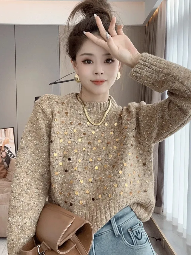 Sequined Round Neck Sweater Women's Loose And Lazy Style Design Sweater Khaki - Shop at LoveMi
