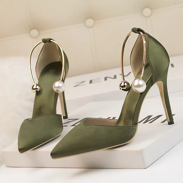 Low cut Satin Hollow out Pointed Toe Nightclub Metal Strap Sandals Green - Shop at LoveMi