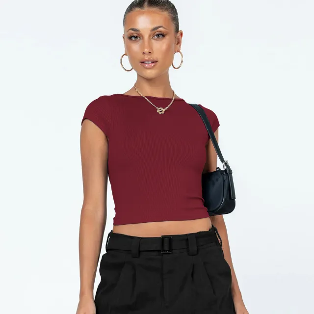 Summer Female Y2g Hollow Crop top Short Sleeve T shirt Esvj070 Wine Red - Shop at LoveMi
