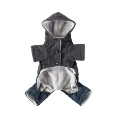 Corduroy Pet Four-legged Hooded Fleece Lined Coat - Dark Grey Feet With Denim - View 1