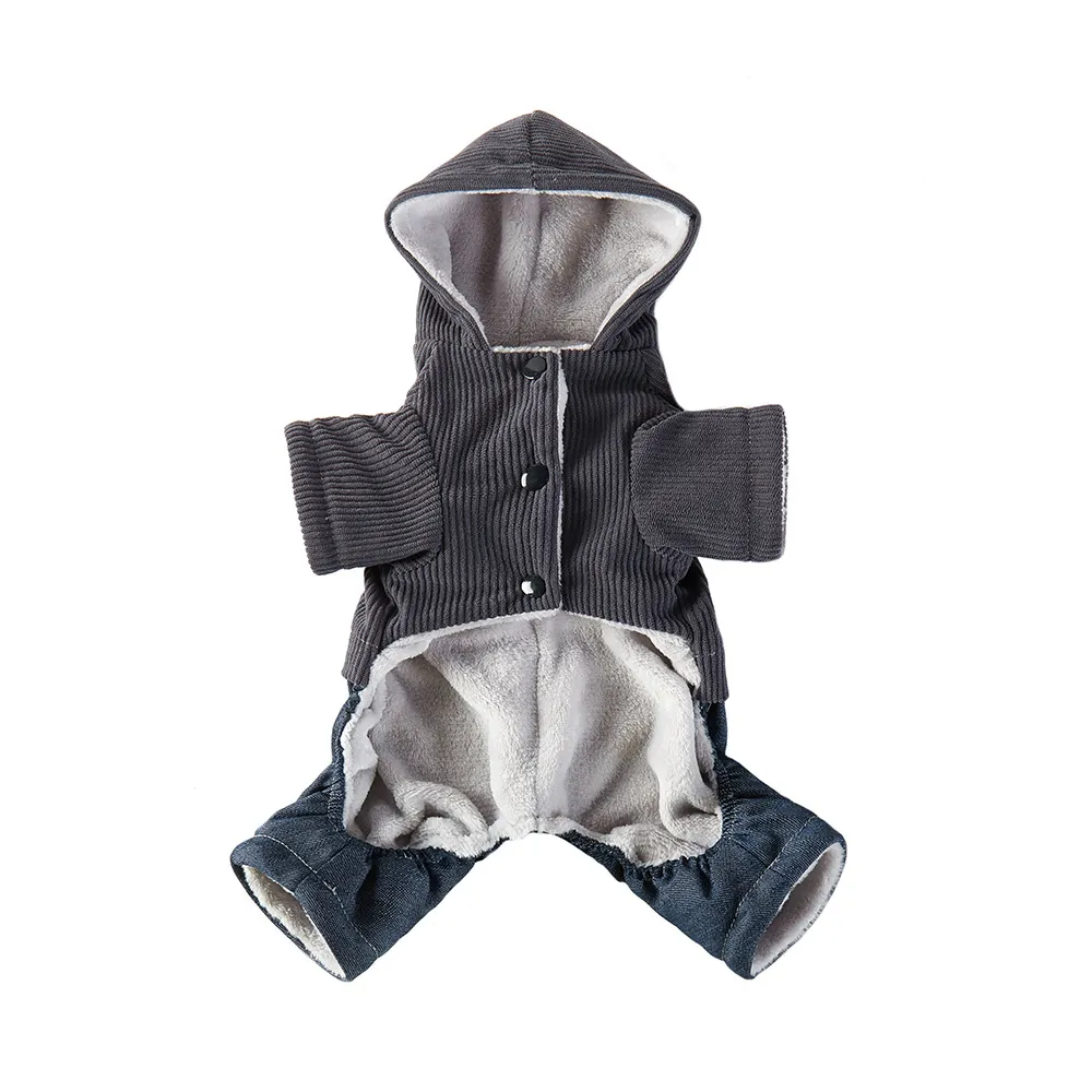 Corduroy Pet Four-legged Hooded Fleece Lined Coat - Dark Grey Feet With Denim