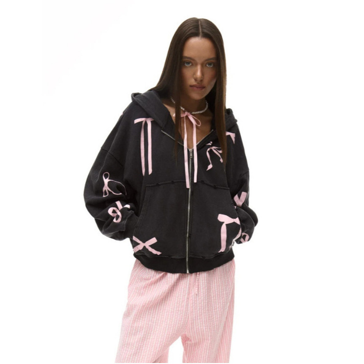 Bow-printed Hooded Loose-fit Zip-up Sweatshirt