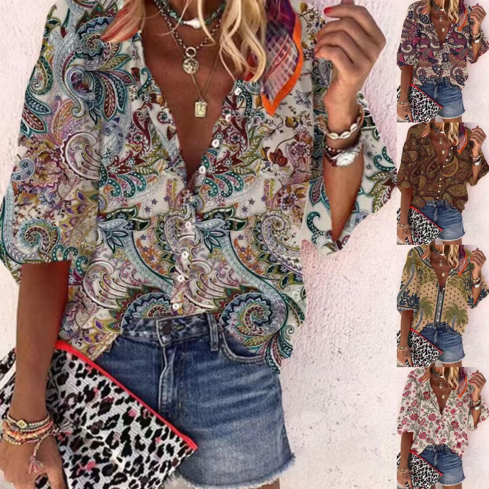 Loose-fit Button-up Retro Print Casual Shirt