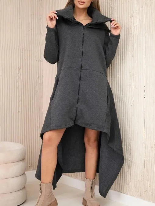 Solid Color Hooded Loose Zip All matching Hoodie Skirt Dark Gray - Shop at LoveMi