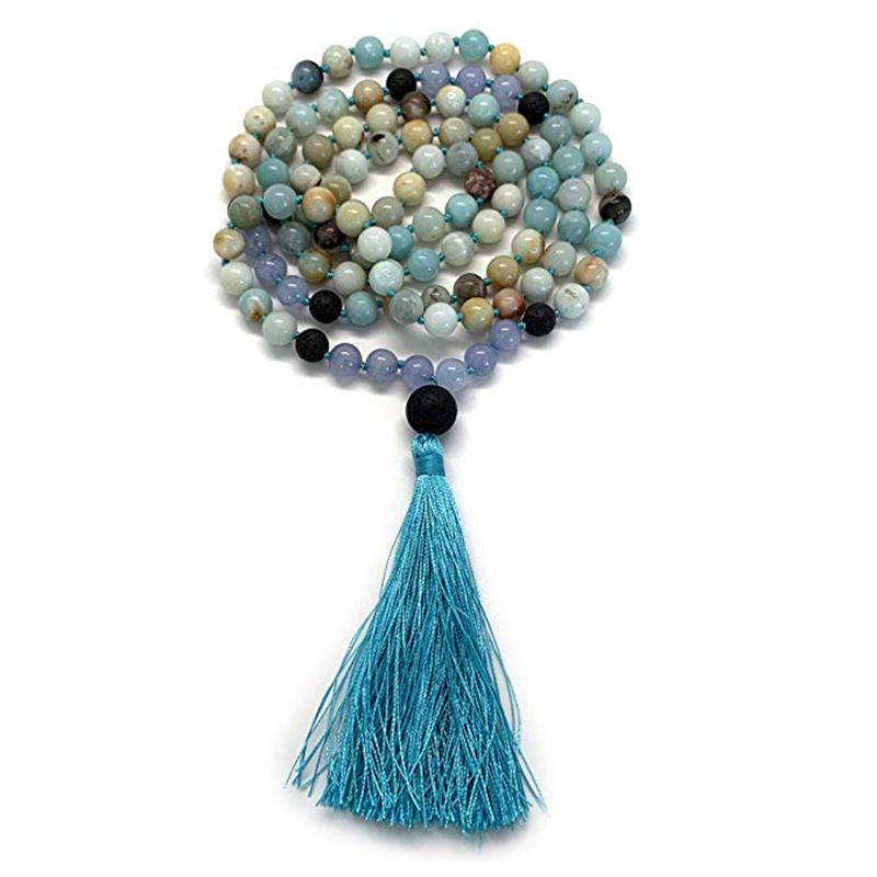 Tassel Long Necklace 108 Beads Handmade Natural Stone Layered Style