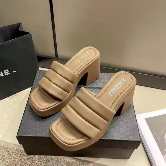 Thick Bottom Chunky Heel Waterproof Platform High Heels All matching Slippers Khaki - Shop at LoveMi