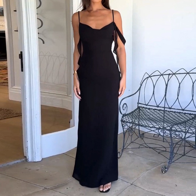 Summer New French Style Temperament Sexy Low Cut Solid Color Sling Backless Dress Black - Shop at LoveMi