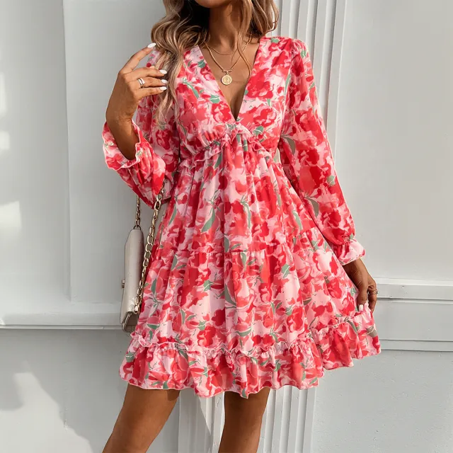 Spring And Summer Vacation Style Printed V neck Long sleeve Dress Red - Shop at LoveMi